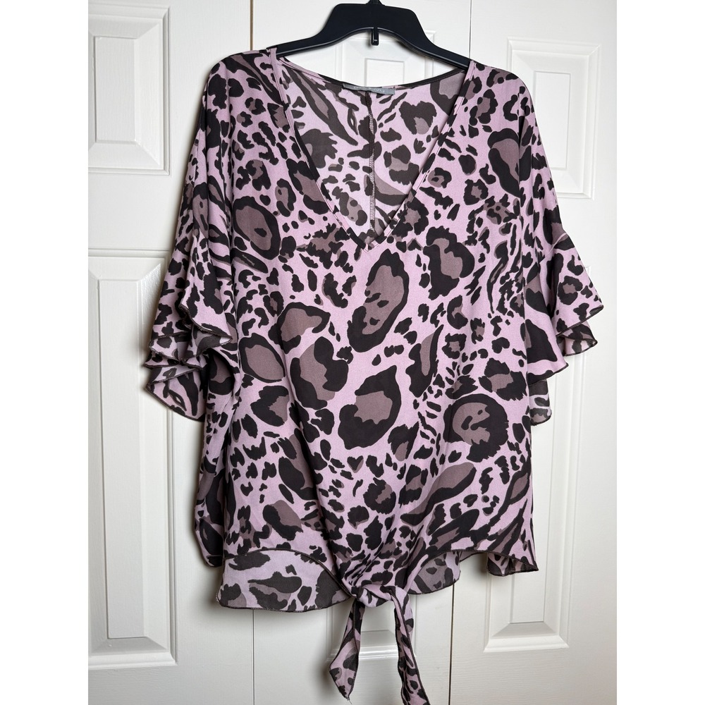 Pixi + Ivy Pink Leopard Print Tie Front Flutter Sleeve Blouse XL
